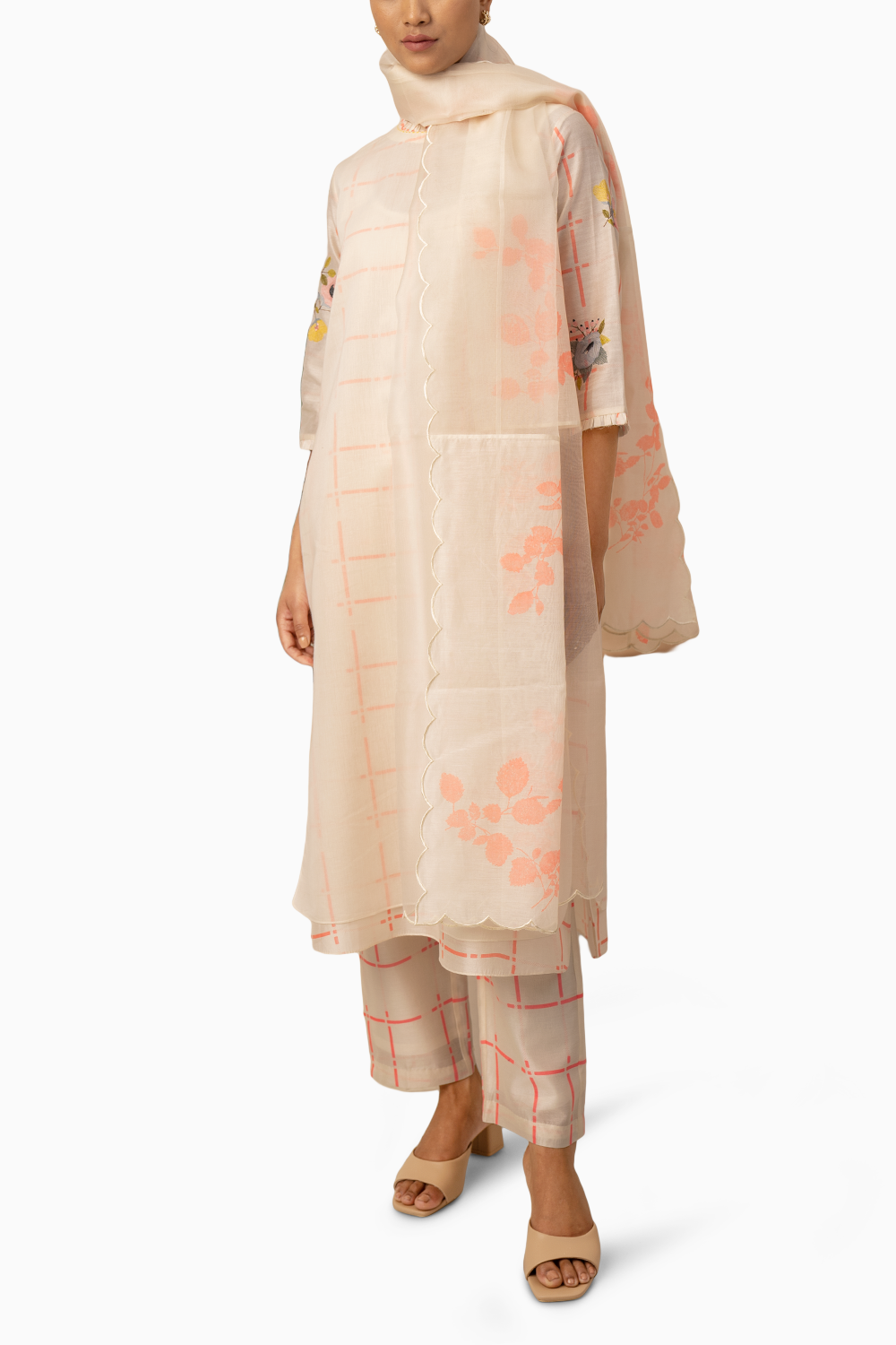 Ivory And Pink Checks Tunic And Pant With Dupatta