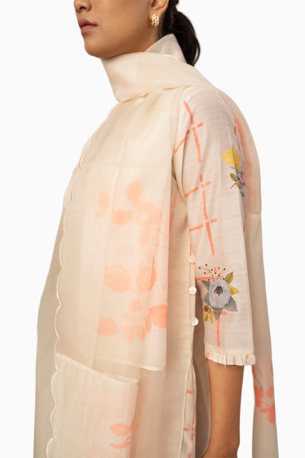 Ivory And Pink Checks Tunic And Pant With Dupatta