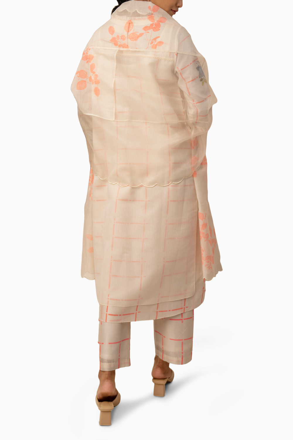 Ivory And Pink Checks Tunic And Pant With Dupatta