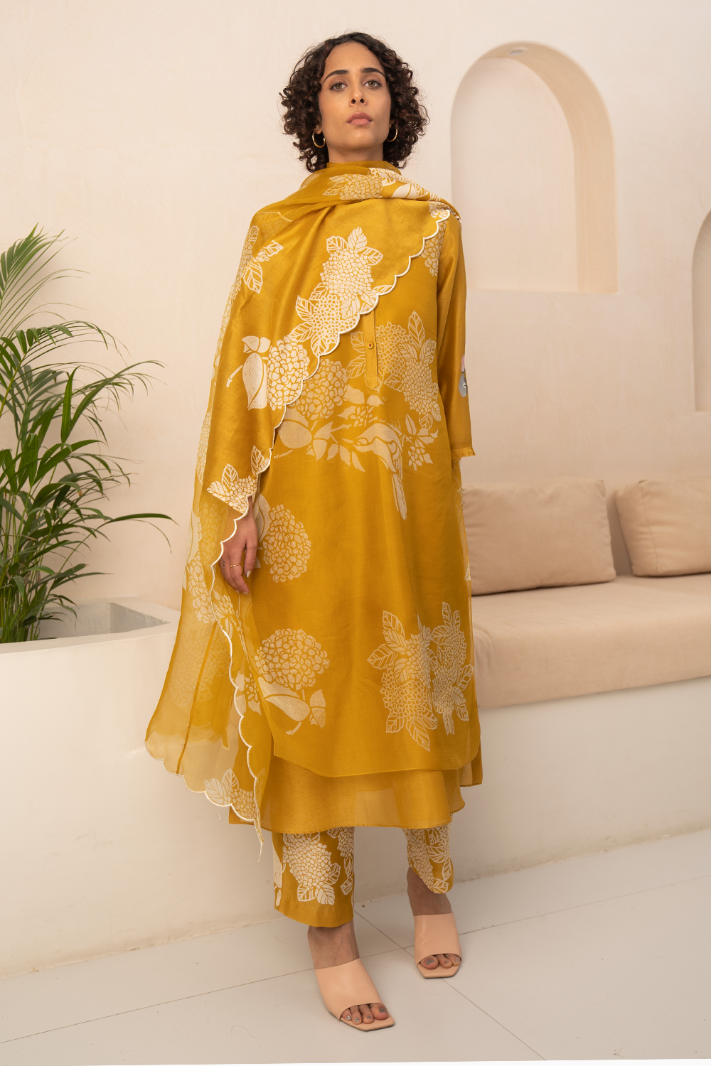 Ochre Floral Double Layered Tunic And Pant With Dupatta