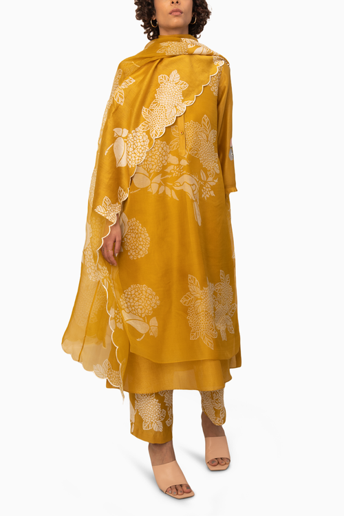 Ochre Floral Double Layered Tunic And Pant With Dupatta