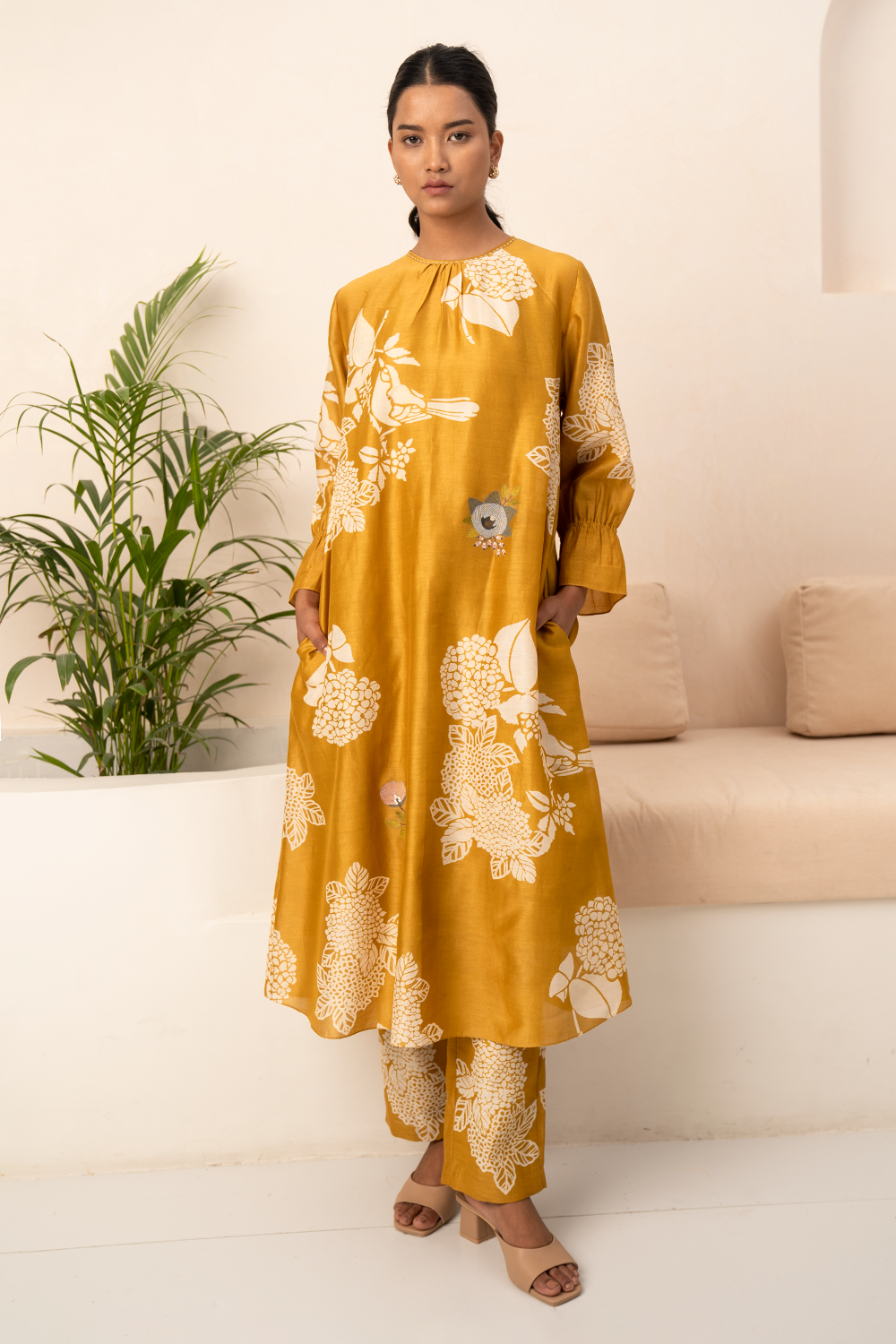 Ochre Floral Printed Tunic And Pant