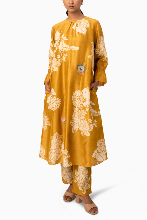 Ochre Floral Printed Tunic And Pant