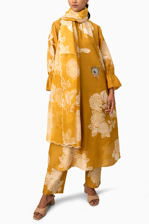 Ochre Floral Printed Tunic And Pant With Dupatta