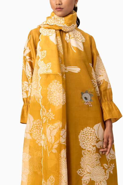 Ochre Floral Printed Tunic And Pant With Dupatta
