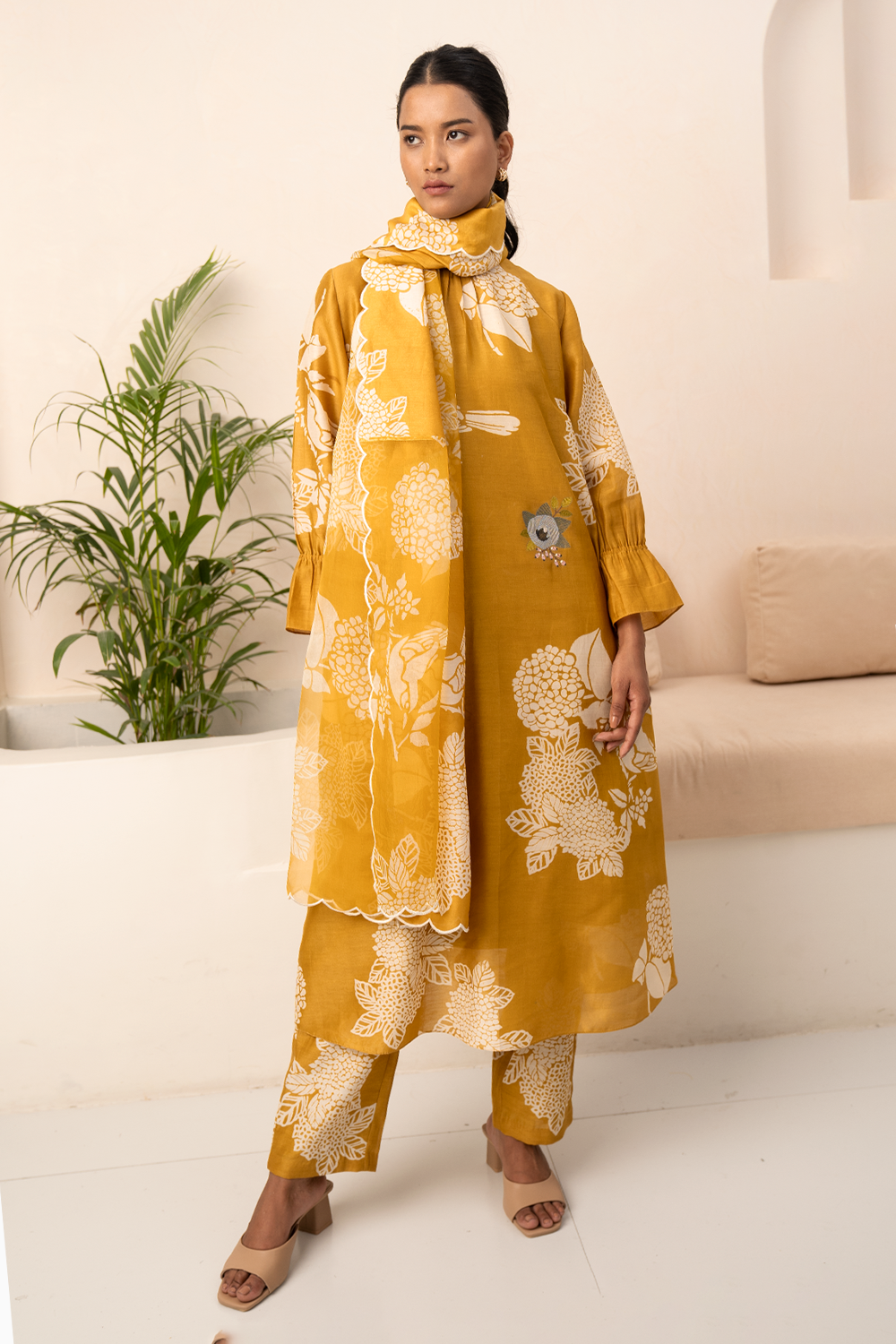 Ochre Floral Printed Tunic And Pant With Dupatta