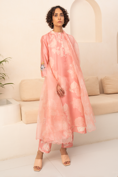 Pink Floral Double Layered Tunic And Pant With Dupatta