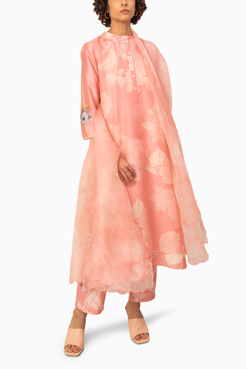 Pink Floral Double Layered Tunic And Pant With Dupatta