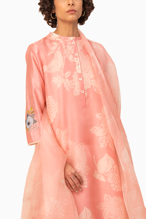 Pink Floral Double Layered Tunic And Pant With Dupatta
