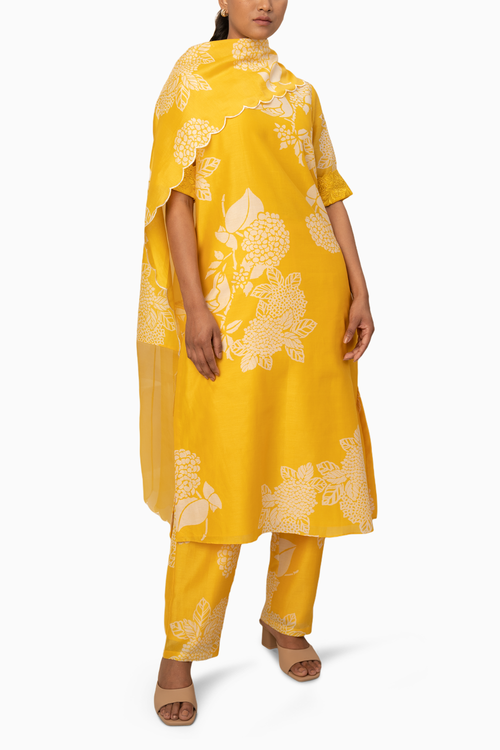Yellow Floral Printed Tunic With Schiffli Sleeves And Pant With Dupatta