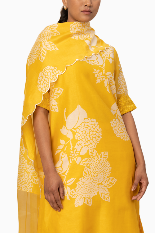 Yellow Floral Printed Tunic With Schiffli Sleeves And Pant With Dupatta