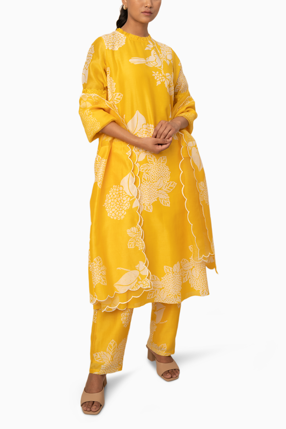 Yellow Floral Printed Tunic With Schiffli Sleeves And Pant With Dupatta