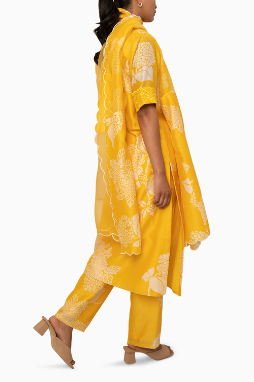 Yellow Floral Printed Tunic With Schiffli Sleeves And Pant With Dupatta