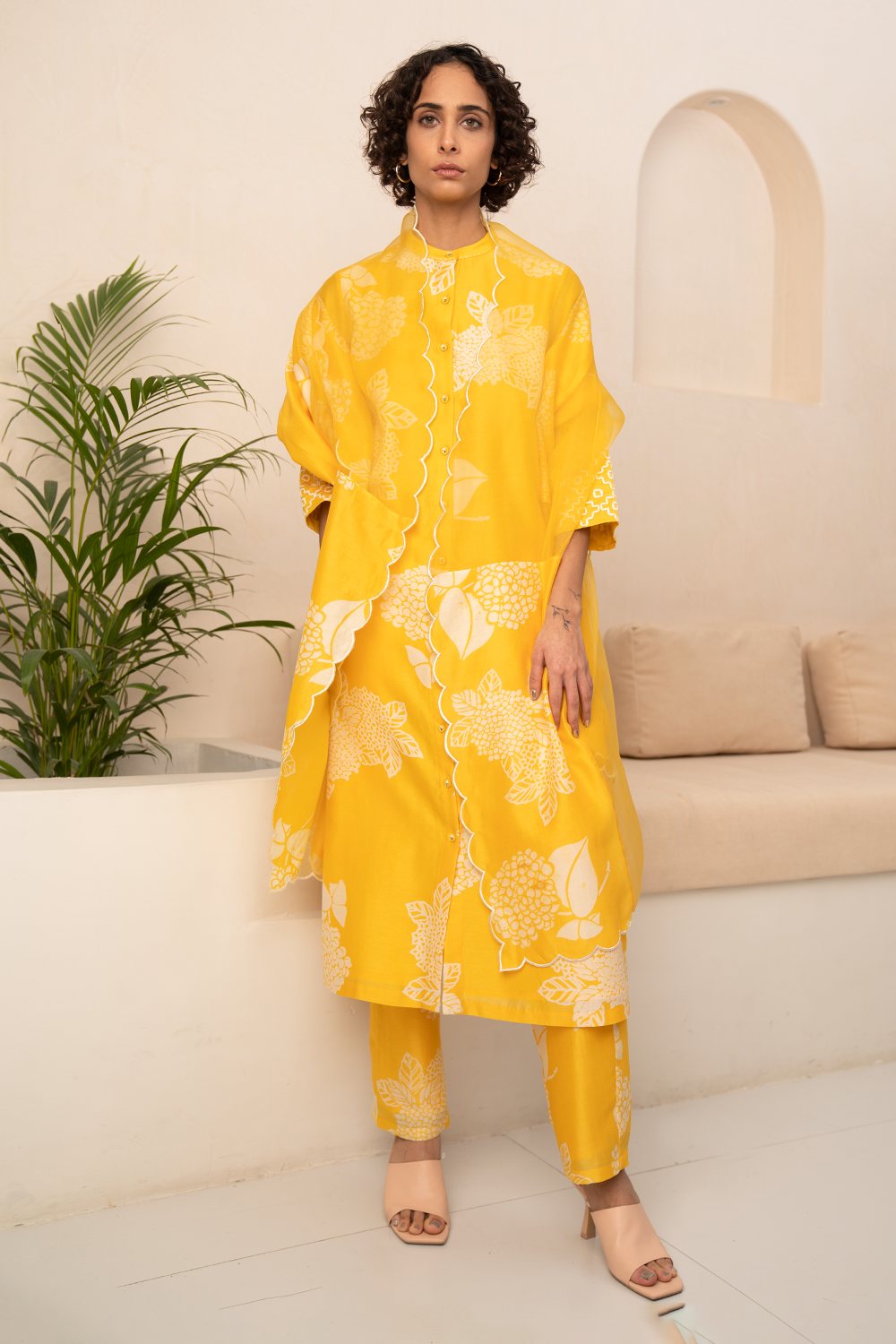 Yellow Floral Printed Tunic And Pant with Dupatta