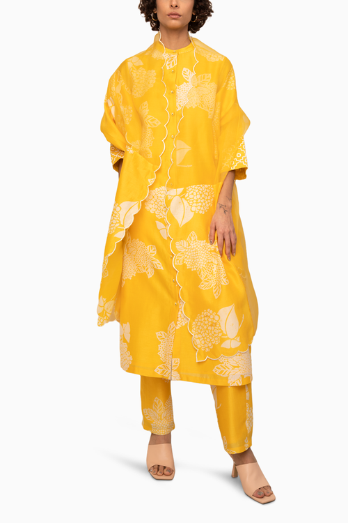 Yellow Floral Printed Tunic And Pant with Dupatta