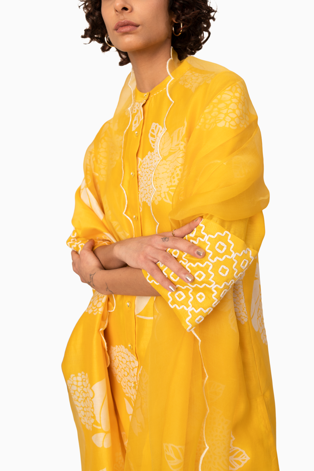 Yellow Floral Printed Tunic And Pant with Dupatta