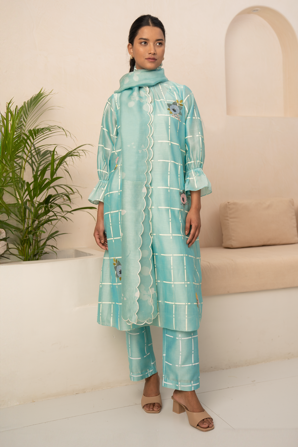 Mint Checks Printed Tunic And Pant With Dupatta