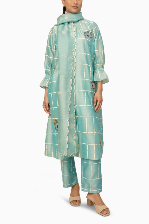 Mint Checks Printed Tunic And Pant With Dupatta