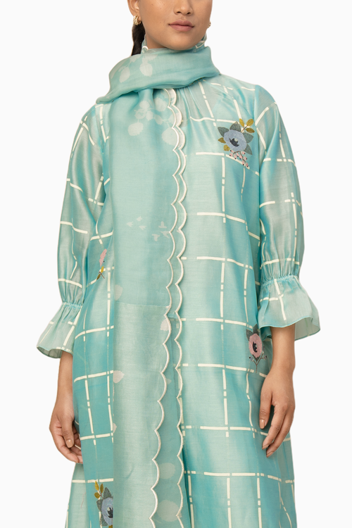 Mint Checks Printed Tunic And Pant With Dupatta