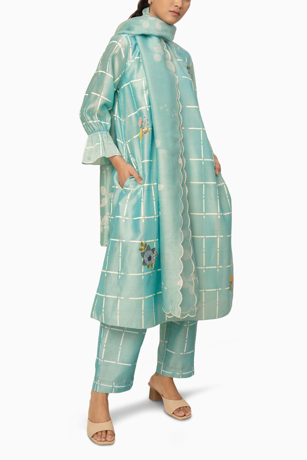 Mint Checks Printed Tunic And Pant With Dupatta