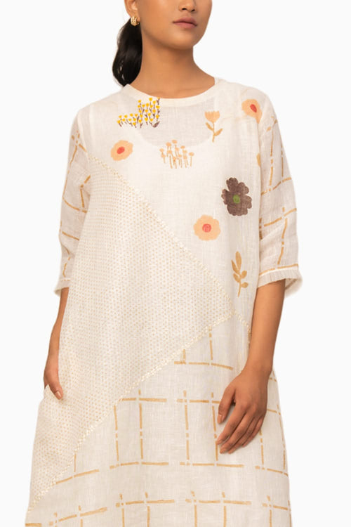 Ivory Embroidered Checks Linen Dress