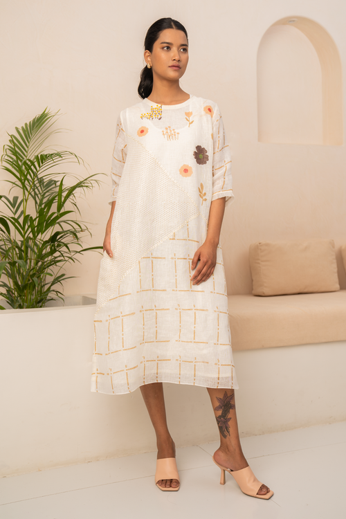 Ivory Embroidered Checks Linen Dress