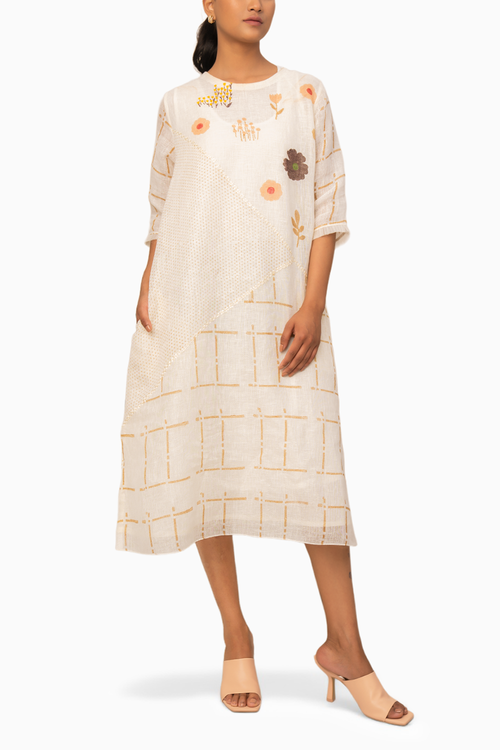 Ivory Embroidered Checks Linen Dress