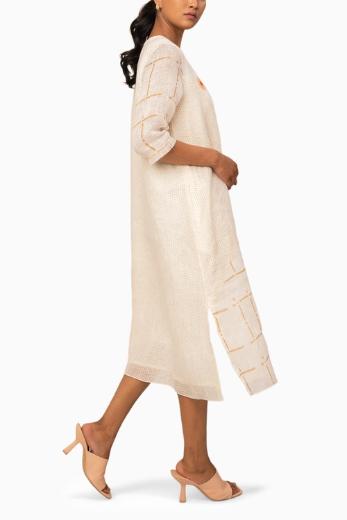 Ivory Embroidered Checks Linen Dress