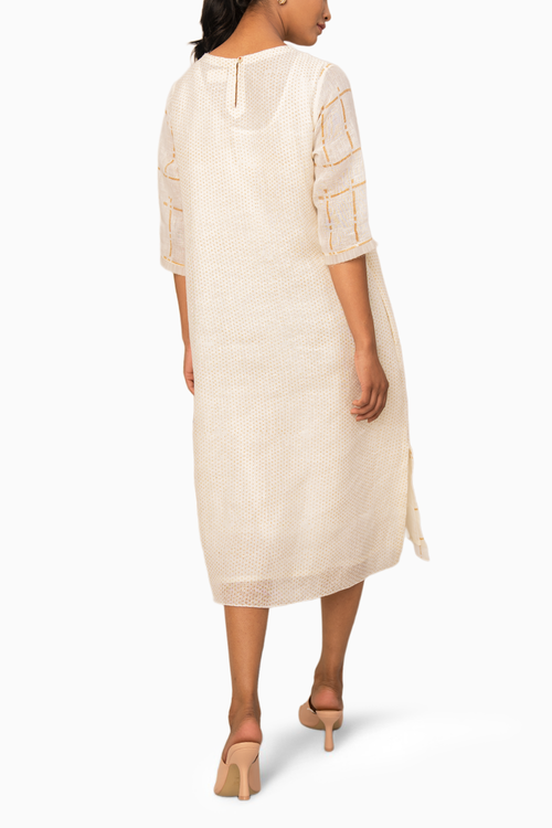 Ivory Embroidered Checks Linen Dress