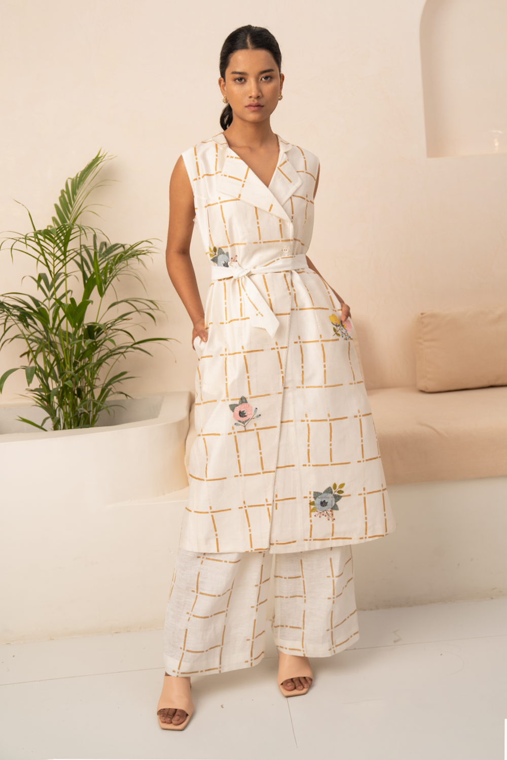 Ivory Embroidered Linen Checks Tunic and Pant