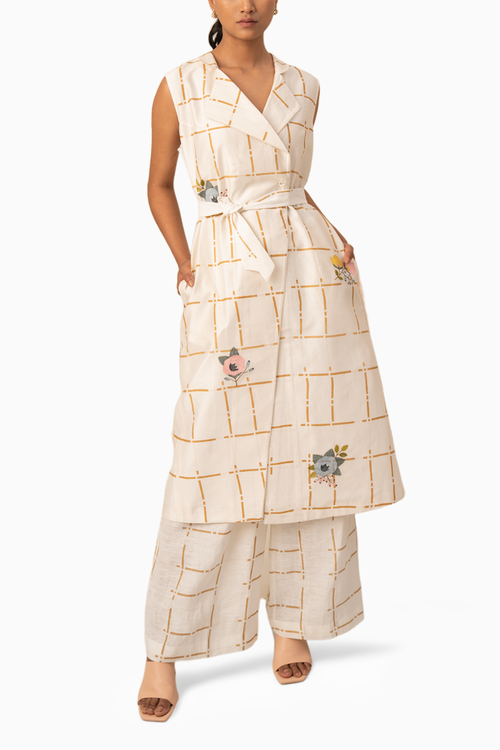 Ivory Embroidered Linen Checks Tunic and Pant