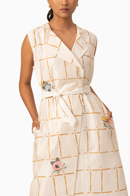 Ivory Embroidered Linen Checks Tunic and Pant