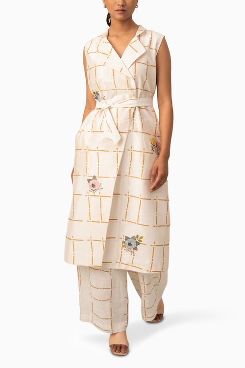 Ivory Embroidered Linen Checks Tunic and Pant