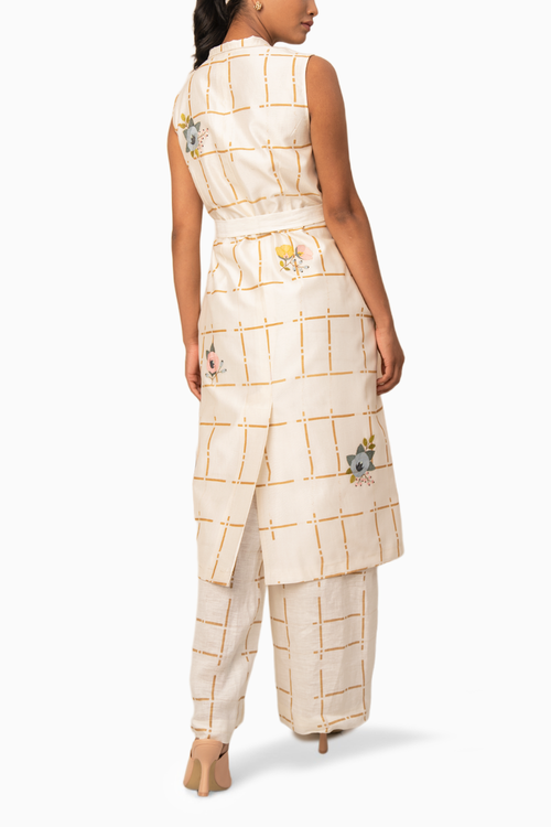Ivory Embroidered Linen Checks Tunic and Pant