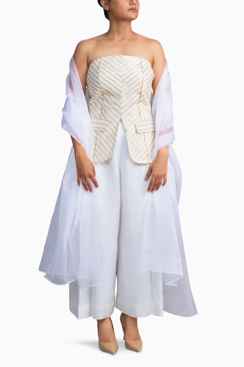 Chanderi Striped Tube and Silk Trousers Set