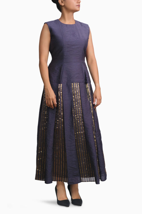 Navy Gold Chanderi Striped Dress