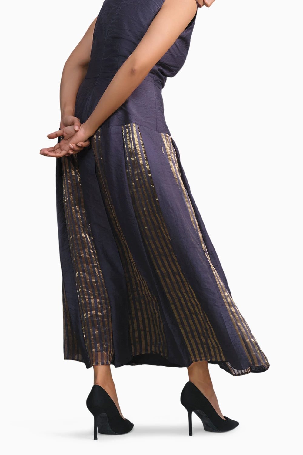 Navy Gold Chanderi Striped Dress