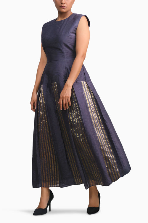 Navy Gold Chanderi Striped Dress
