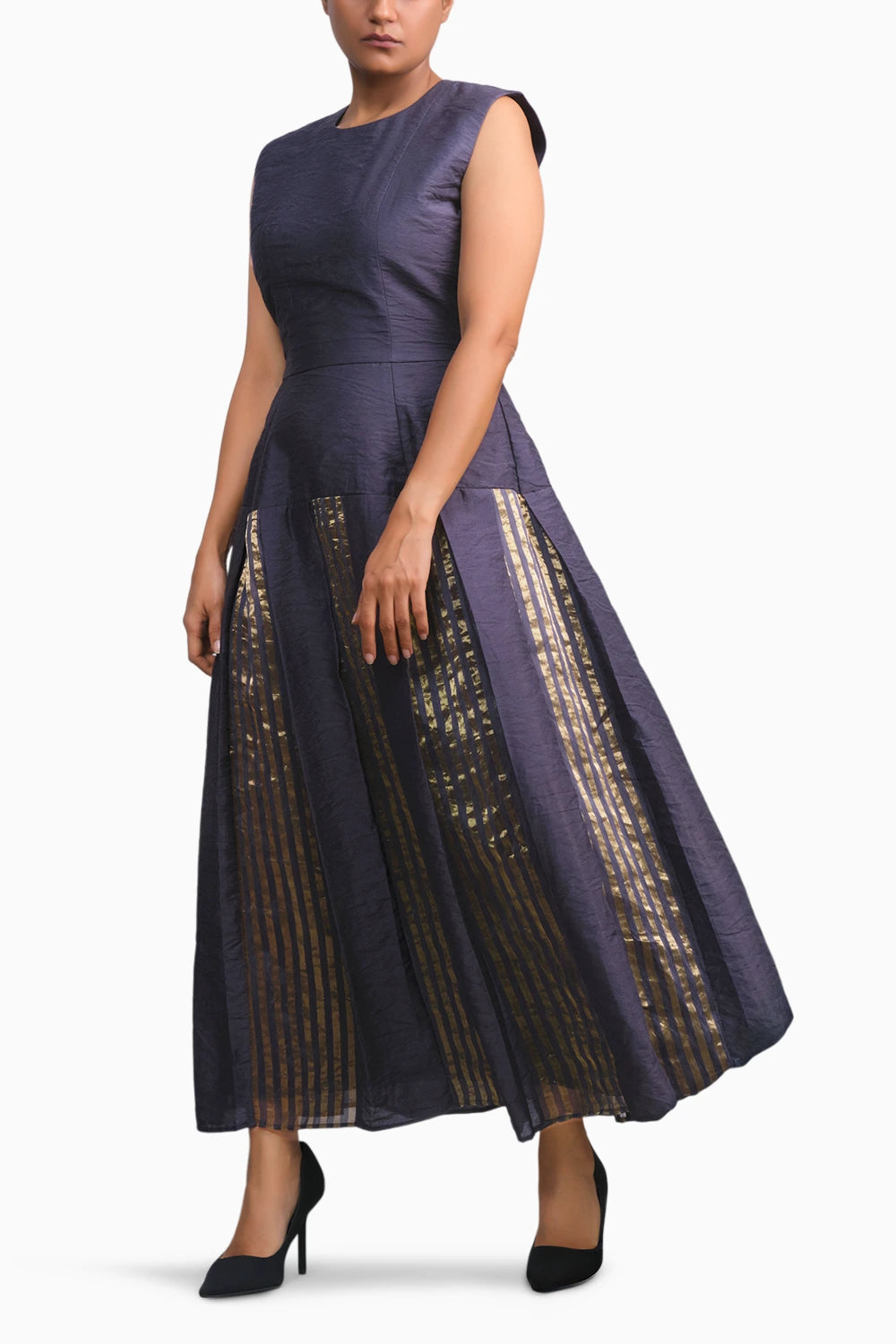 Navy Gold Chanderi Striped Dress