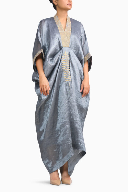 Silver Chanderi Kaftan with Gold Leaf Embroidery