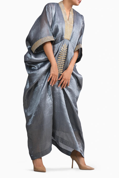 Silver Chanderi Kaftan with Gold Leaf Embroidery
