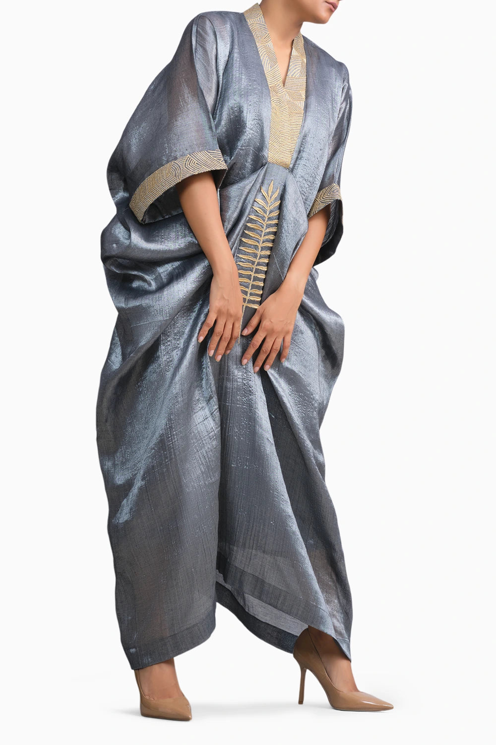 Silver Chanderi Kaftan with Gold Leaf Embroidery