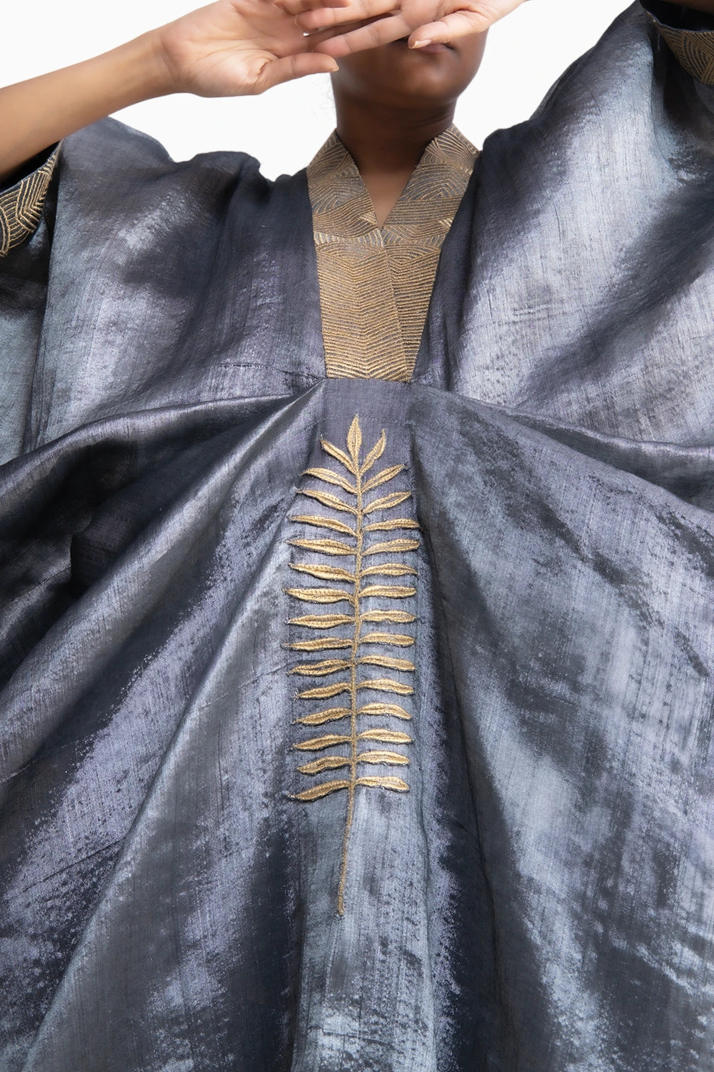 Silver Chanderi Kaftan with Gold Leaf Embroidery
