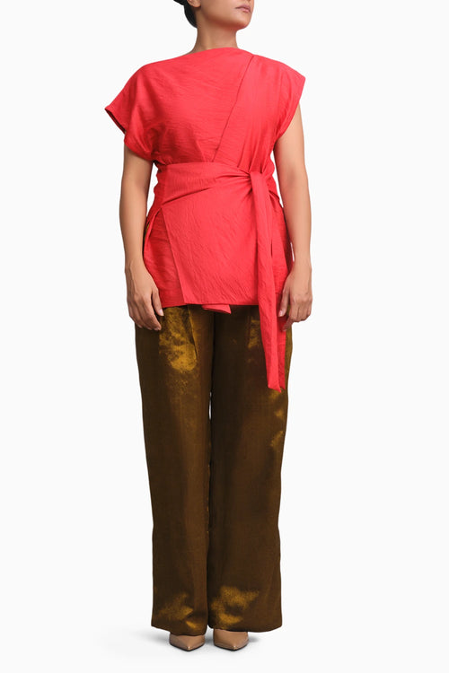 Red Chanderi Belted Top & Gold Handwoven Pants Set