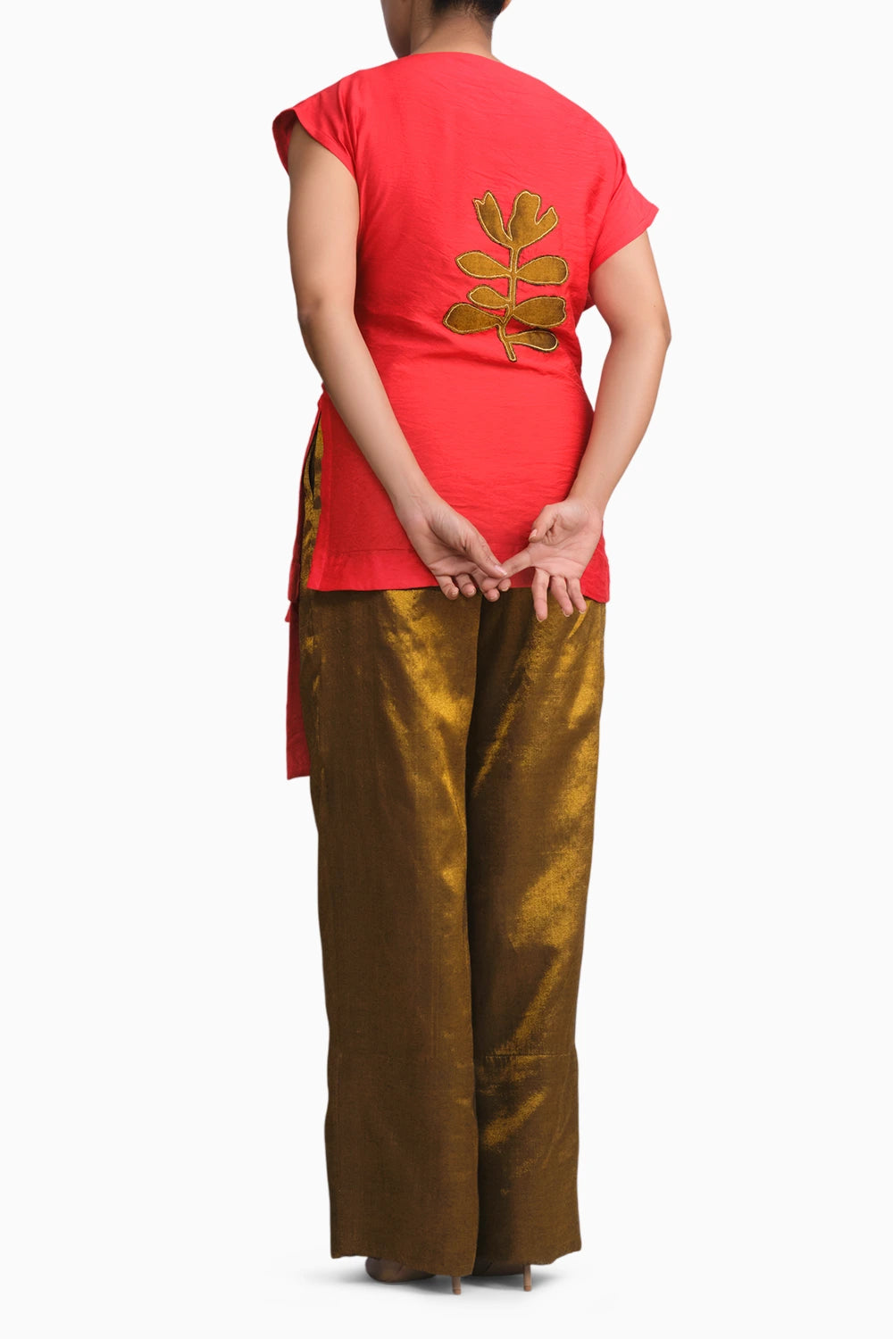 Red Chanderi Belted Top & Gold Handwoven Pants Set