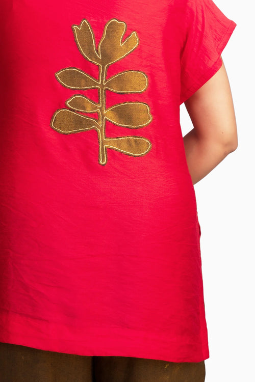 Red Chanderi Belted Top & Gold Handwoven Pants Set