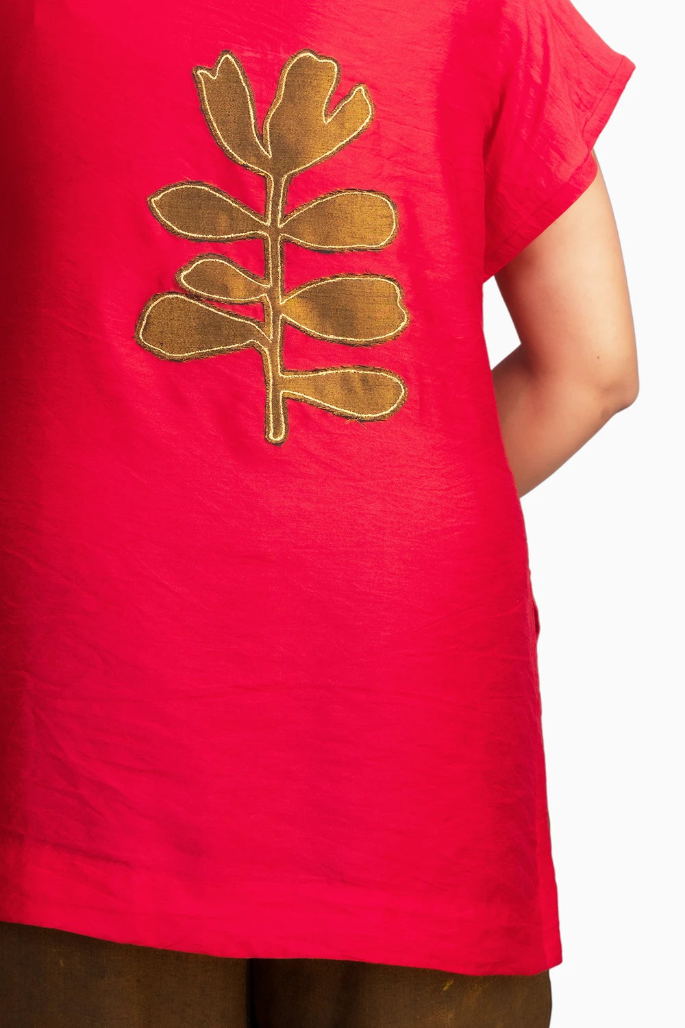 Red Chanderi Belted Top & Gold Handwoven Pants Set