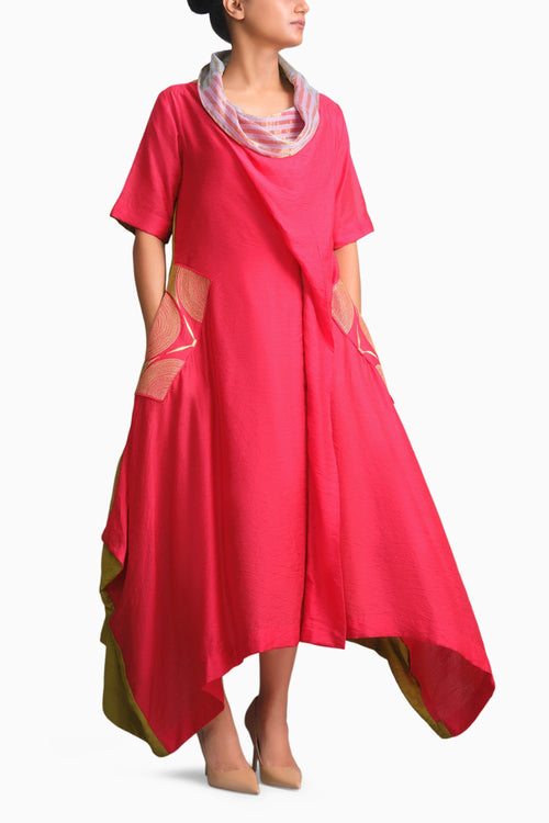 Vermilion & Chartreuse Chanderi Cowl Top