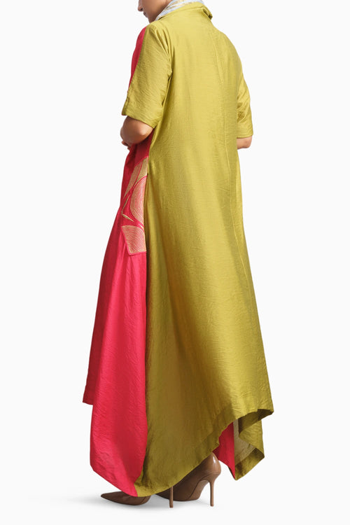 Vermilion & Chartreuse Chanderi Cowl Top