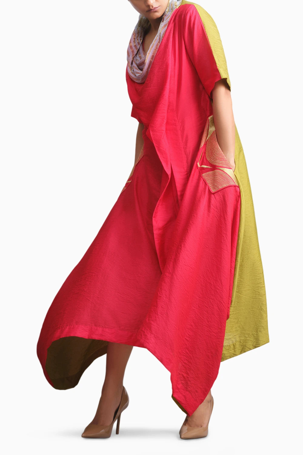 Vermilion & Chartreuse Chanderi Cowl Top